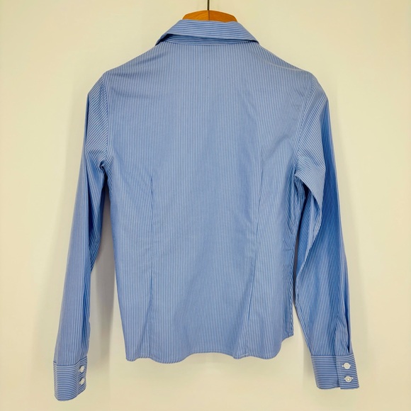 Anne Klein Blue and White Pinstriped Non-Iron Long Sleeve Button Down Top, Small - Picture 11 of 16
